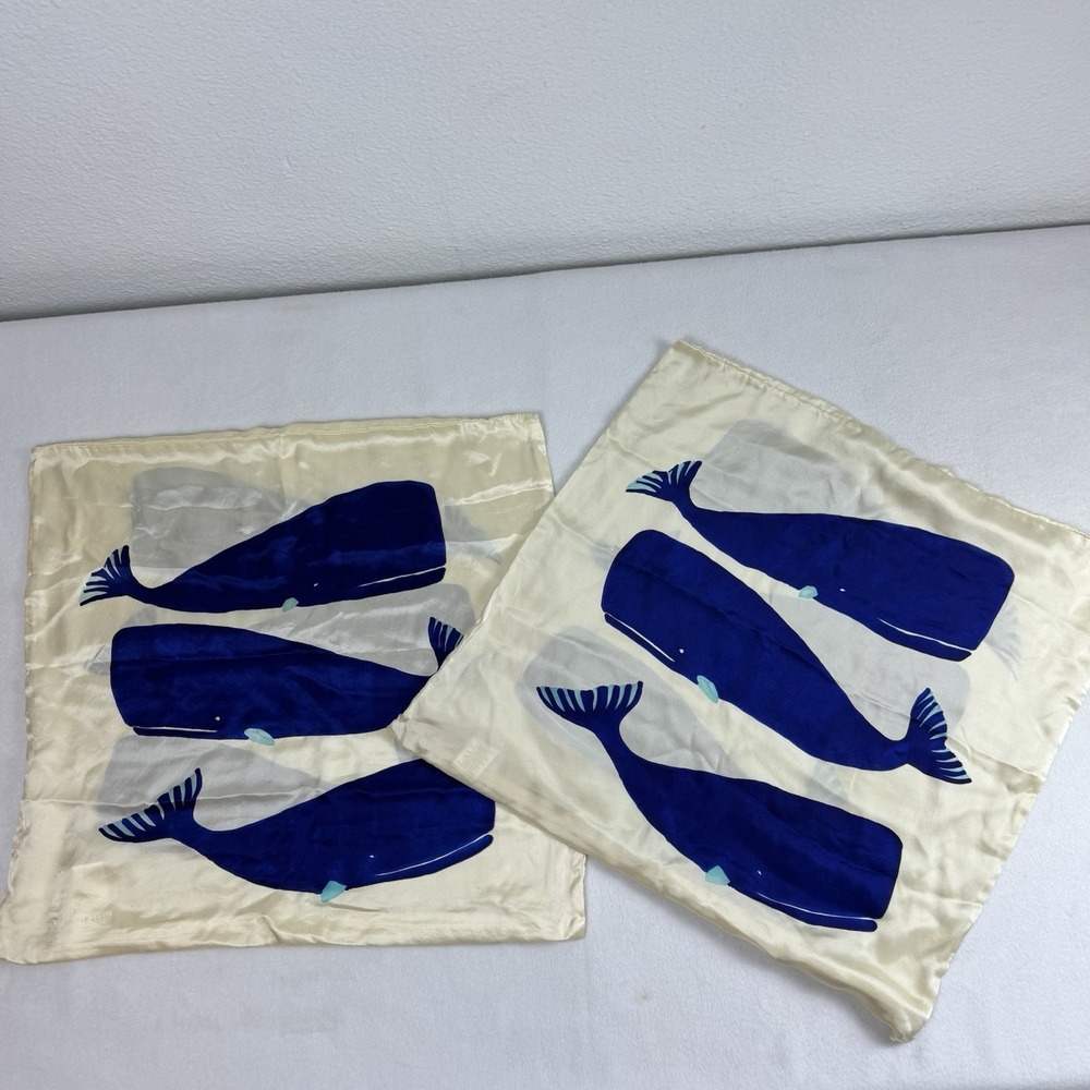 Lot Of 2 West Elm Silk Whale Pillow Cover 20x20 Blue Cream Ocean Coastal Beach